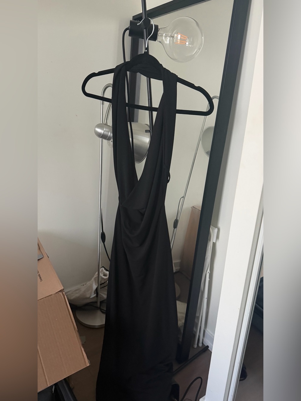 Zara Black Halter Draped Open Back Maxi Dress